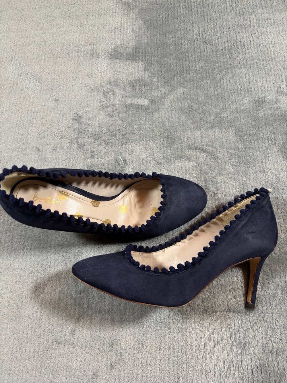 Boden Navy Suede Pom-Trim Pointed-Toe Heels